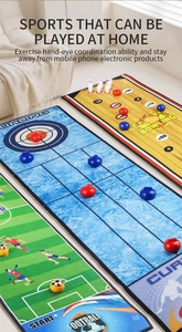 Close-up of 3-in-1 kids indoor game mat featuring bowling, curling and soccer modes