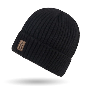 Men's black ribbed knit beanie hat with brown leather patch for autumn and winter warmth