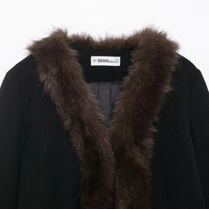 Short black wool coat with brown faux fur collar and waist detail for winter fashion