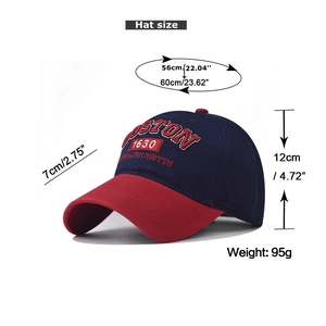 Detail showing Boston 1630 embroidery on navy blue cotton baseball cap with red brim