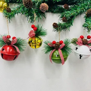 Christmas Metal Bell Ornaments Iron Star Cutouts With Fabric Plaid Bow Pine Cone Berry For Xmas Tree Decoration