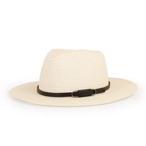 Detail of cream straw fedora hat featuring a black faux leather band and metallic buckle