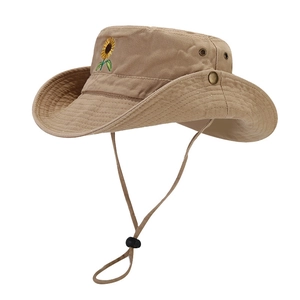 Khaki cotton sun hat with sunflower embroidery and windproof rope for outdoor use