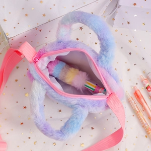 Rainbow unicorn plush handbag for girls with adjustable pink strap and zipper closure