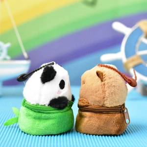 Detailed back view of cute panda and capybara plush coin purse charms with zippers