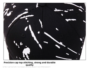 Close-up macro view of six-panel top stitching on black graffiti cotton baseball cap