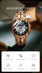 Detail of automatic wood mechanical watch with zebra wood texture and skeleton dial