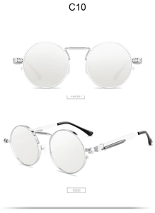 Front and side views of silver round steampunk sunglasses with metal spring temples