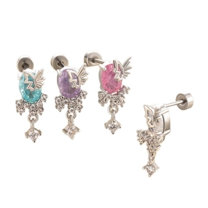Titanium steel butterfly stud earrings with colorful ice-cut cubic zirconia stones
