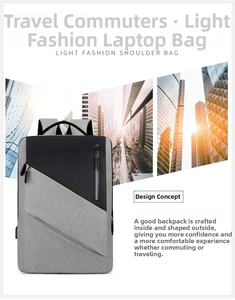 Detail of grey business laptop backpack featuring side USB charging port and waterproof fabric