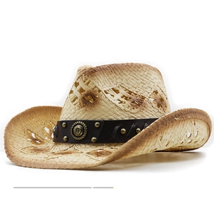 Unisex vintage beige straw cowboy hat with burnt edges and horseshoe leather band