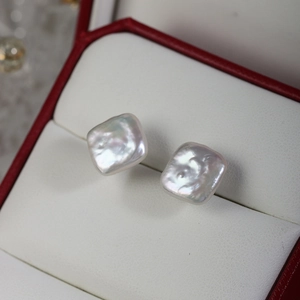 Elegant square Baroque natural freshwater pearl earrings with S925 silver pins in a white box