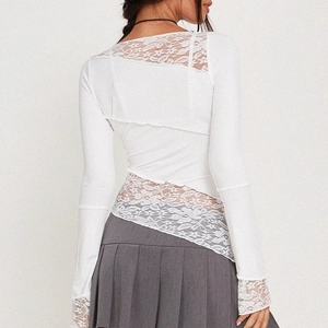 Women's slim fit white long sleeve T-shirt with elegant lace panels and crew neckline