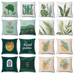 Grid view of sixteen assorted tropical leaf and floral linen pillow cover designs