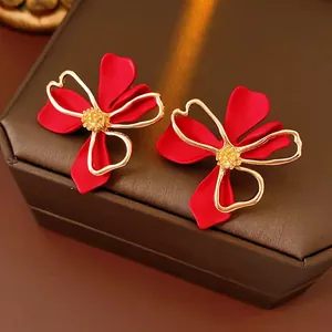 Red Flower Stud Earrings With Silver Earring Post Alloy Acrylic French Retro Vintage Elegant Jewelry For Women
