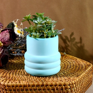 Vaso cilindrico blu con base a gradini e succulente verdi su vassoio in rattan intrecciato