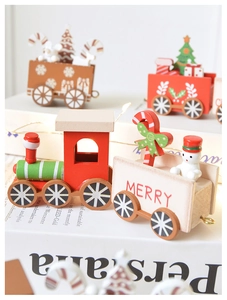 Detail of wooden Christmas train with snowman, candy cane, and Merry text on cars