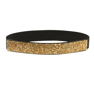 Detail of black elastic waist belt with sparkling gold rhinestone rectangle panel