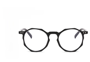 Close-up of black polygonal glasses frame with metal rivet details and durable material