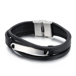 Men's double-layer woven leather bracelet with polished stainless steel clasp on white background