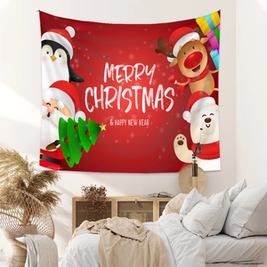 Detail view of red Christmas wall tapestry with festive cartoons and holiday greetings