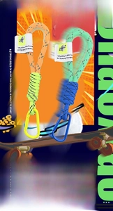 Detail of woven mesh cord keychains with colorful D-ring carabiners and logo tags