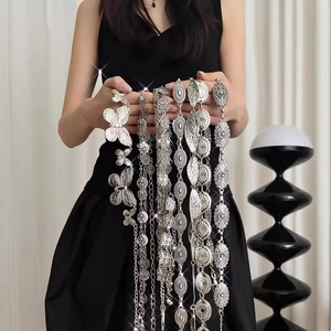 Silver vintage metal waist chains with butterfly and bohemian mandala charms for dresses