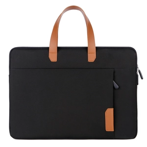14 inch laptoptas van zwarte Oxford-stof met bruine lederen handgrepen