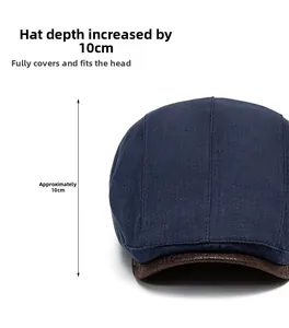 Detail of dark blue vintage flat cap with breathable texture and brown leather brim