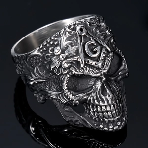 Retro punk skull ring for men with vintage Freemasonry AG totem in silver black finish