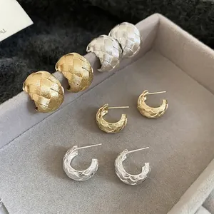 C-Shaped Hoop Earrings Woven Texture Geometric Jewelry With Silver Earring Post
