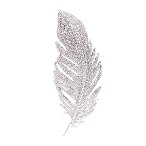 Elegant silver feather brooch pin for women with brilliant cubic zirconia crystals