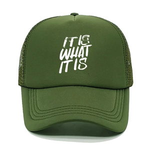 Detail of army green trucker hat featuring white It Is What It Is slogan print and mesh back