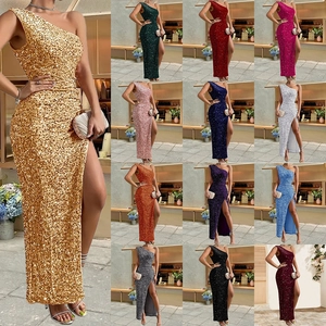One-shoulder sequin evening dress with high slit shown in various colors and styles