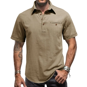 Men's Casual Cotton Linen Short Sleeve Shirt Henley Neck Breathable Beach Hawaii Shirt Solid Color Loose Fit Summer Tops