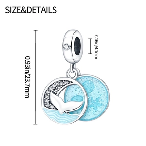 Detail view of mermaid tail charm with blue enamel and size specs 23.7mm by 4.1mm