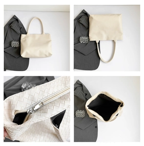 Detailed views of cream woven crossbody bag featuring zip closure and spacious interior