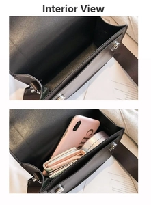 Detail view of the spacious inner compartment and magnetic closure of the black square bag