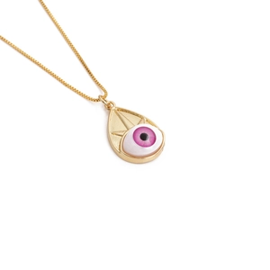 Gold plated box chain necklace with a pink Fatima evil eye teardrop pendant
