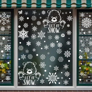 Christmas Window Stickers PVC Static Cling Snowflake Polar Bear Pattern Reusable Holiday Glass Decals White Cartoon Style
