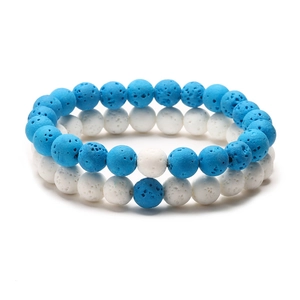 Minimalist volcanic lava stone couple bracelets in sky blue and white beaded design