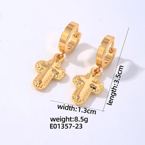 Polished gold cross pendant earrings with product dimensions and weight specs