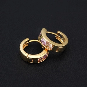 Elegant 18K gold plated hoop earrings with multicolored square zircon stones in macro view