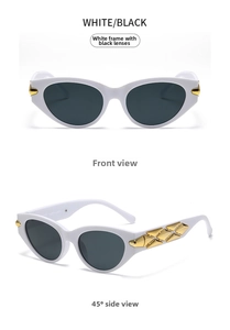 Detailed views of white cat eye sunglasses with grey lenses and gold geometric accents