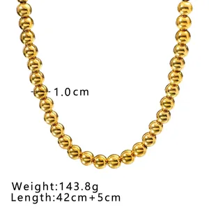 Detailed view of 18K gold plated stainless steel bead necklace with 1cm ball diameter