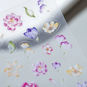 3D floral nail stickers with translucent watercolor flowers and green leaves patterns