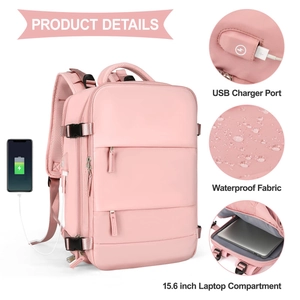 Detail view of pink travel backpack with USB port, waterproof fabric and laptop compartment