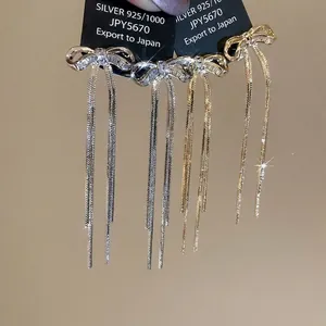 Funkelnde Zirkon-Schleifenohrringe mit langen Quasten in Silber- und Gold-925er Sets