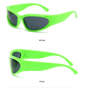 Detail view of fluorescent green Y2K cycling sunglasses showing 45 and 0 degree angles