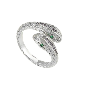 Retro double-headed snake open ring with colorful cubic zirconia and snake scale texture